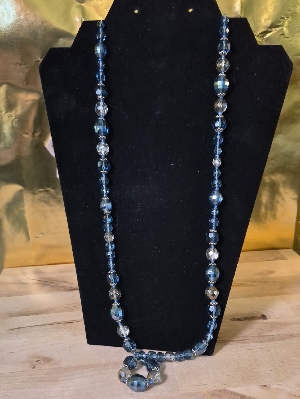 Faceted Blue Glass And Crystal Beads.  Long Necklace. Made In GERMANY